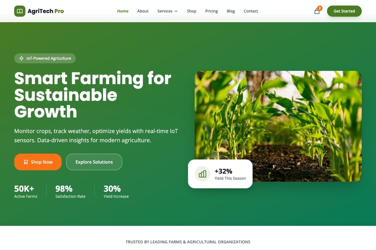 Agriculture Farm website template showing landing-page, pricing-table, testimonials