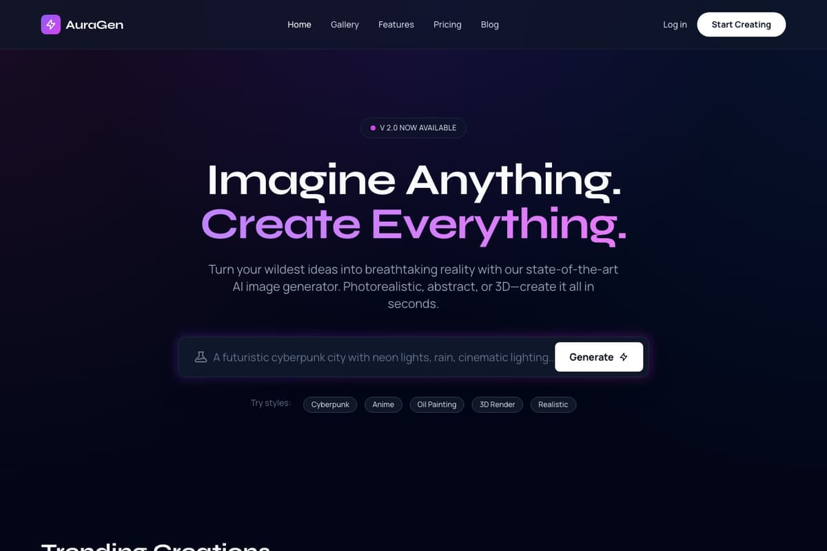 Ai Image Gen Platform website template showing landing-page, image-gallery, showcase