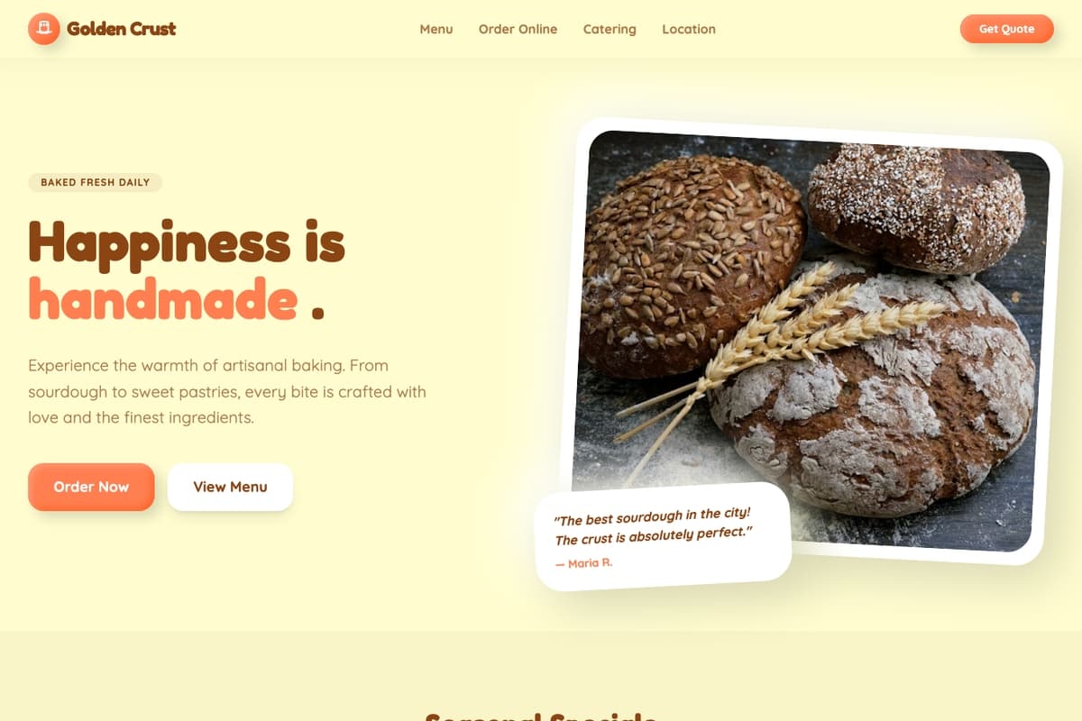 Artisan Loaf website template showing landing-page, testimonials, hero-image