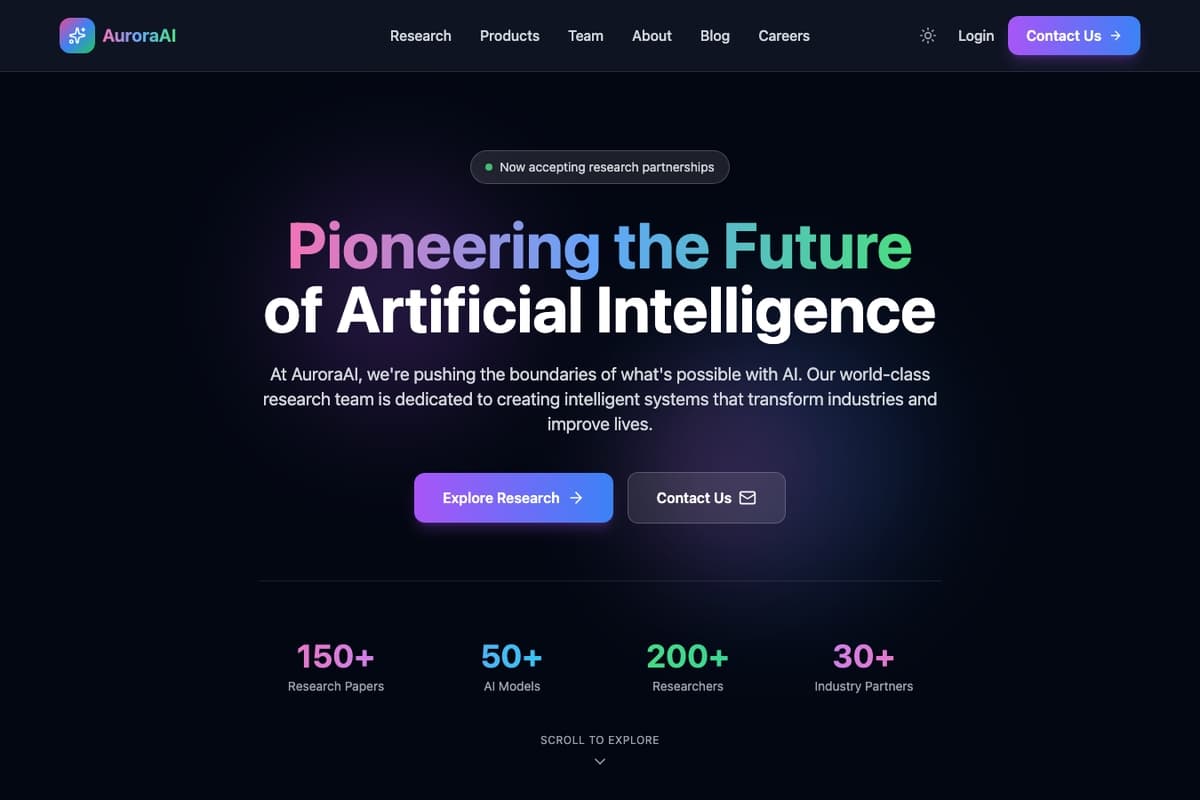 Aurora Spectrum Ai website template showing landing-page, research-showcase, team-section