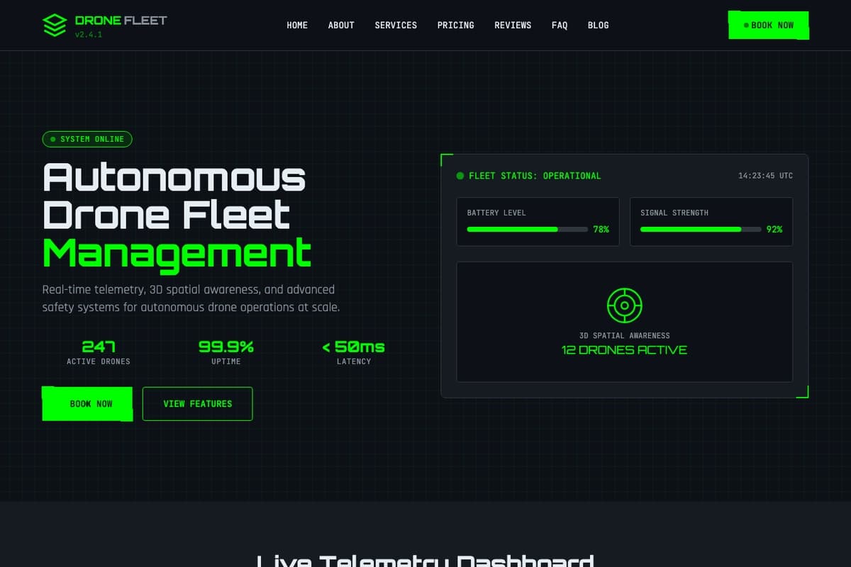 Autonomous Drone Fleet Manager website template showing dashboard, pricing-table, testimonials