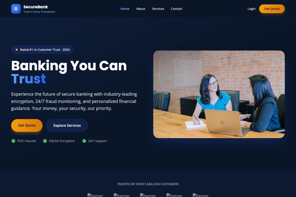 Banking Finance website template showing landing-page, testimonials, faq-section