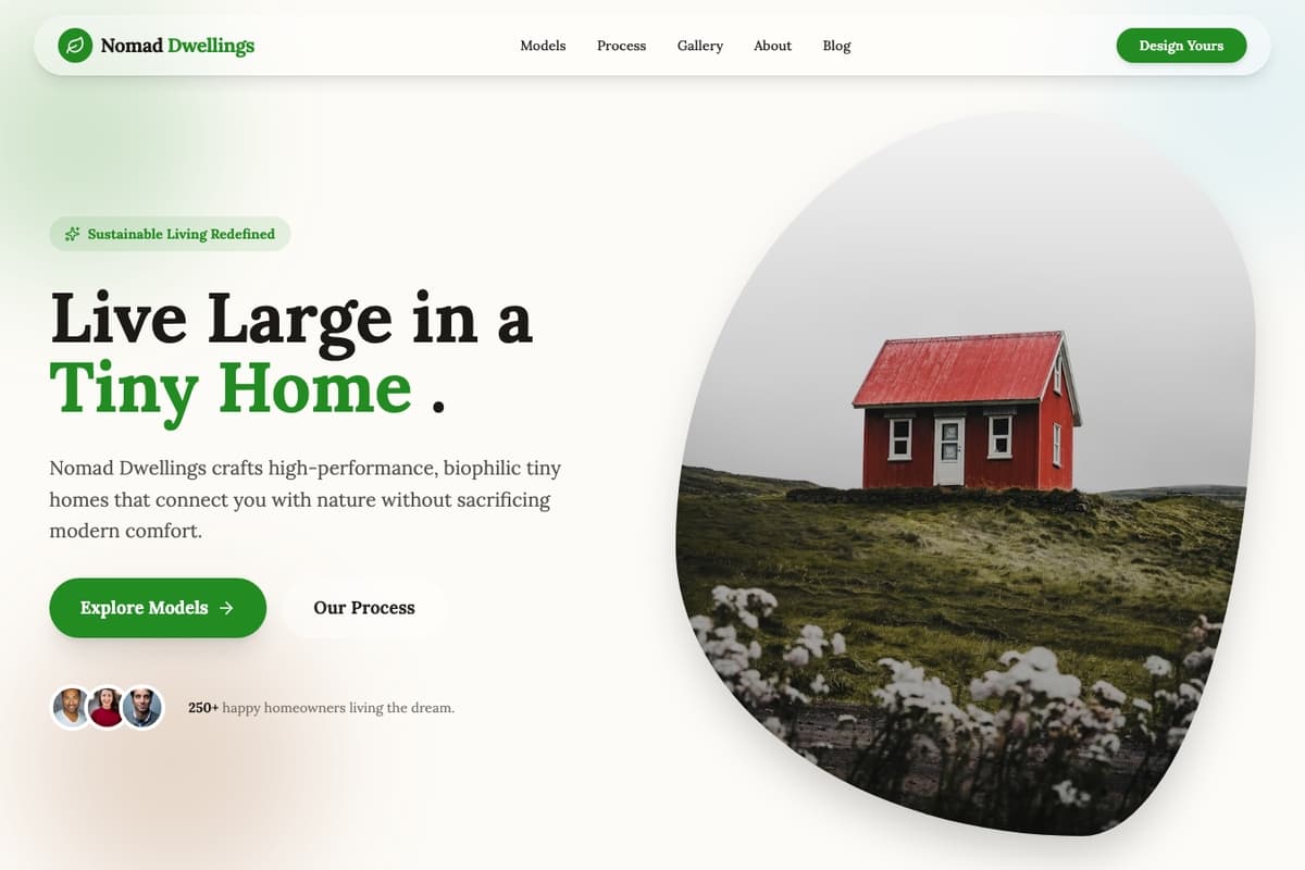 Biophilic Nomad website template showing landing-page, pricing-table, image-gallery