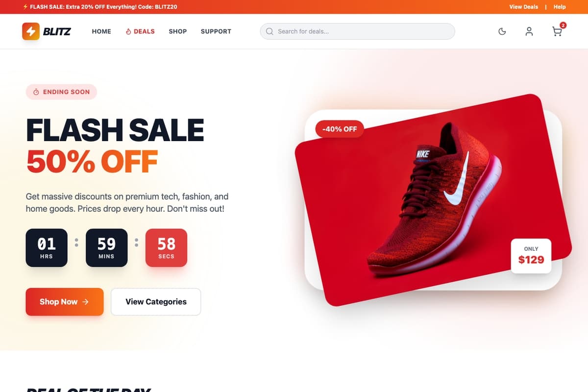 Blitz Flash Sale website template showing landing-page, countdown-timer, product-catalog