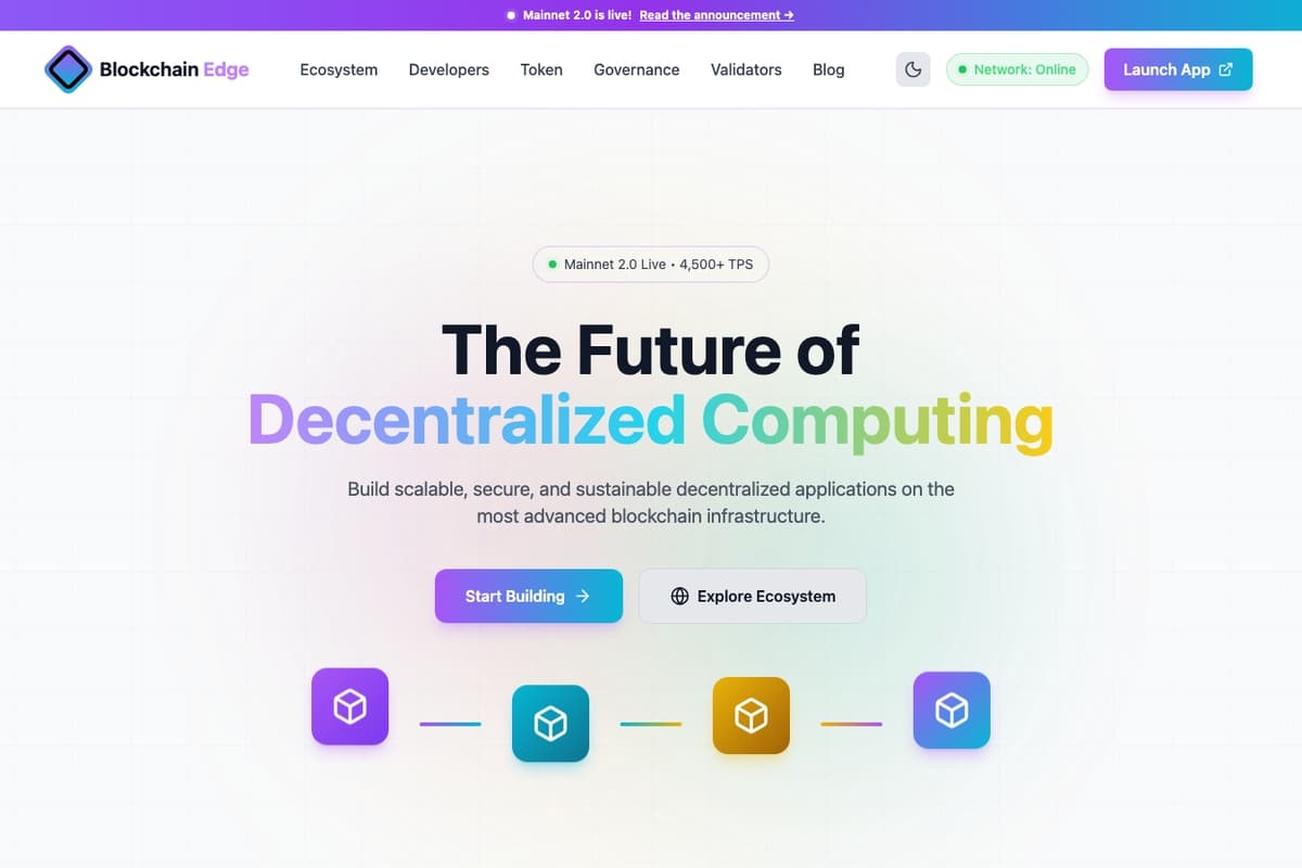Blockchain Edge website template showing landing-page, hero-image, cta-buttons