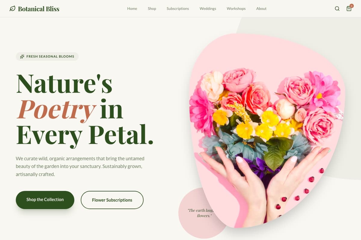 Blooming Verse website template showing ecommerce-cart, catalog, subscription
