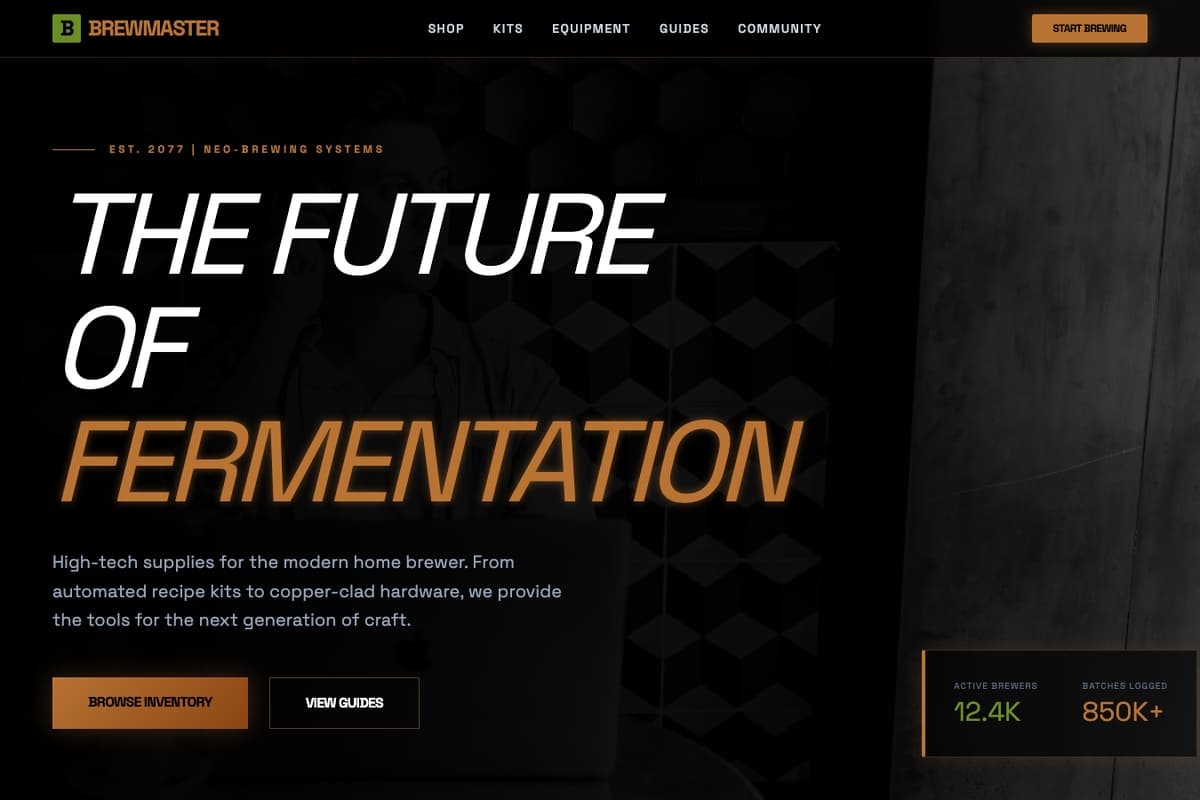 Brewmaster Retro website template showing ecommerce-cart, catalog, dark-theme