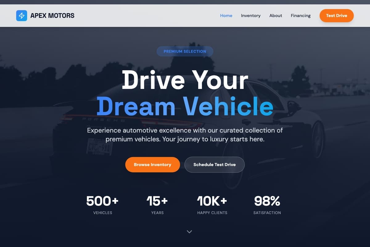 Car Dealership website template showing landing-page, catalog, contact-form