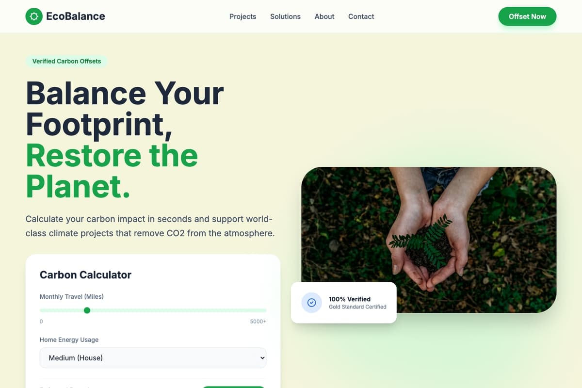Carbon Balance website template showing landing-page, pricing-table, testimonials