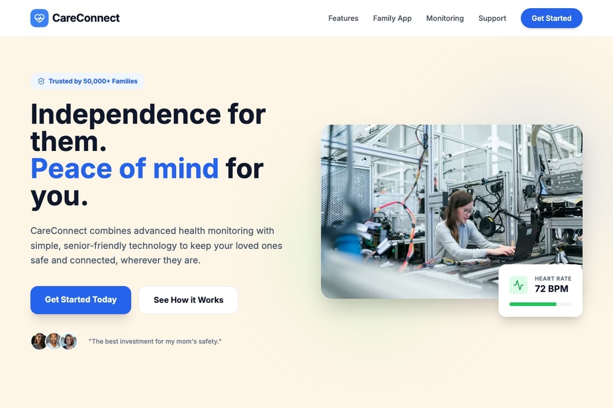 Care Connect website template showing landing-page, pricing-table, testimonials