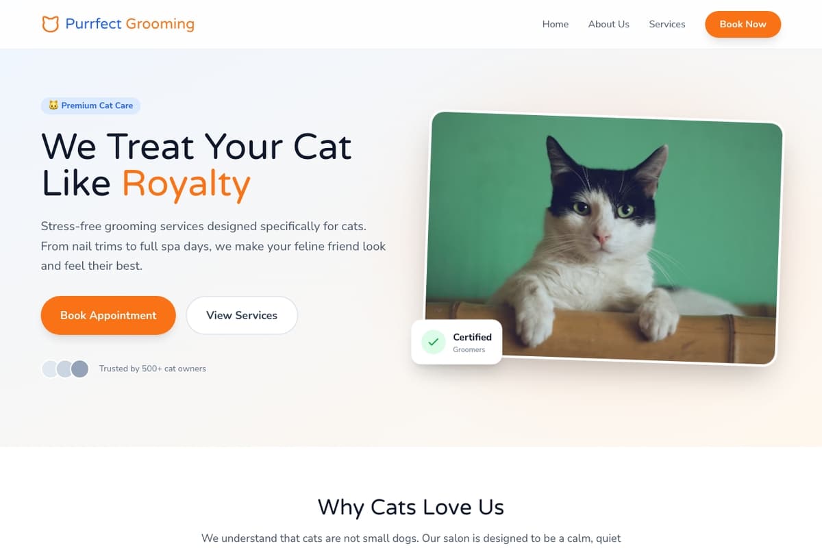Cat Grooming website template showing booking-system, testimonials, landing-page
