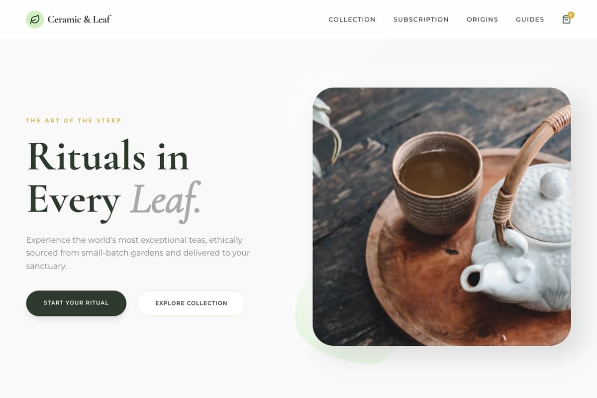 Ceramic Leaf website template showing subscription, landing-page, product-catalog