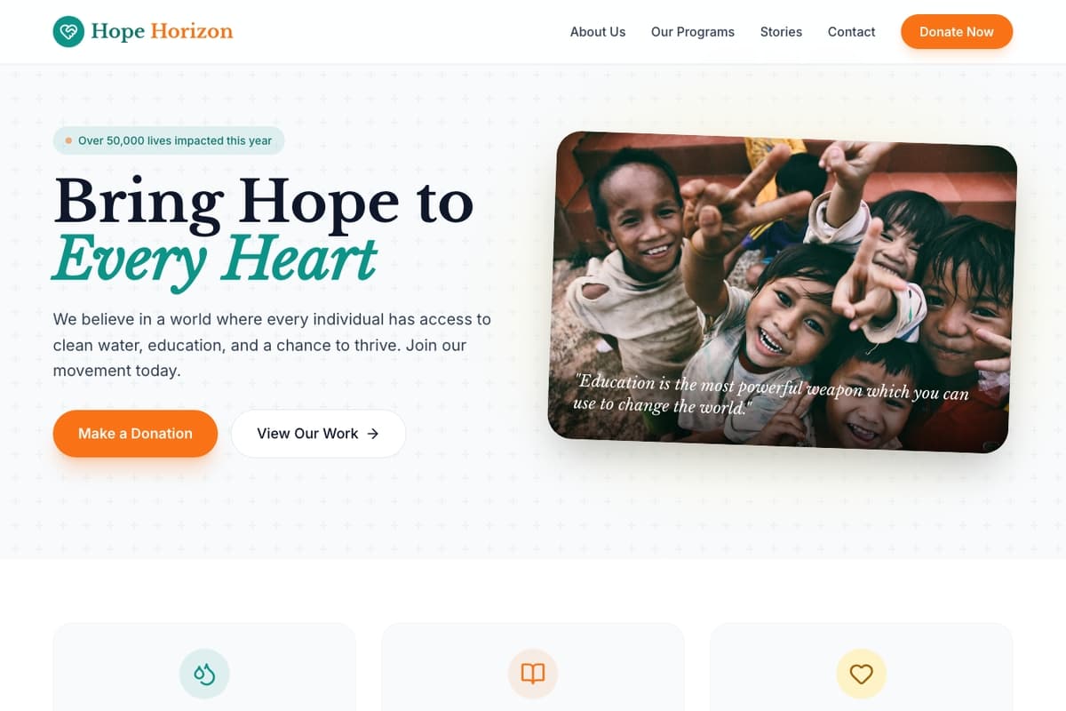 Charity Organization website template showing landing-page, donation-system, testimonials