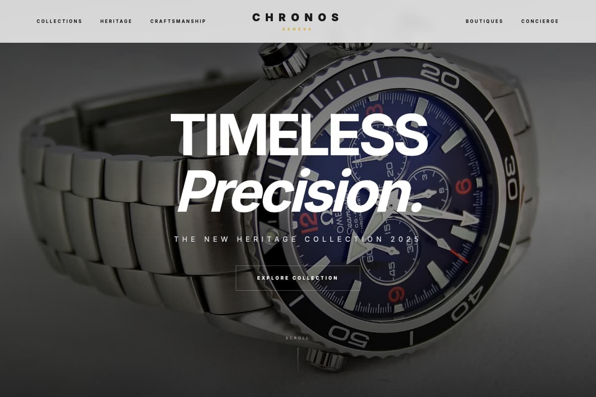 Chronos Geneve website template showing luxury-watches, landing-page, hero-image