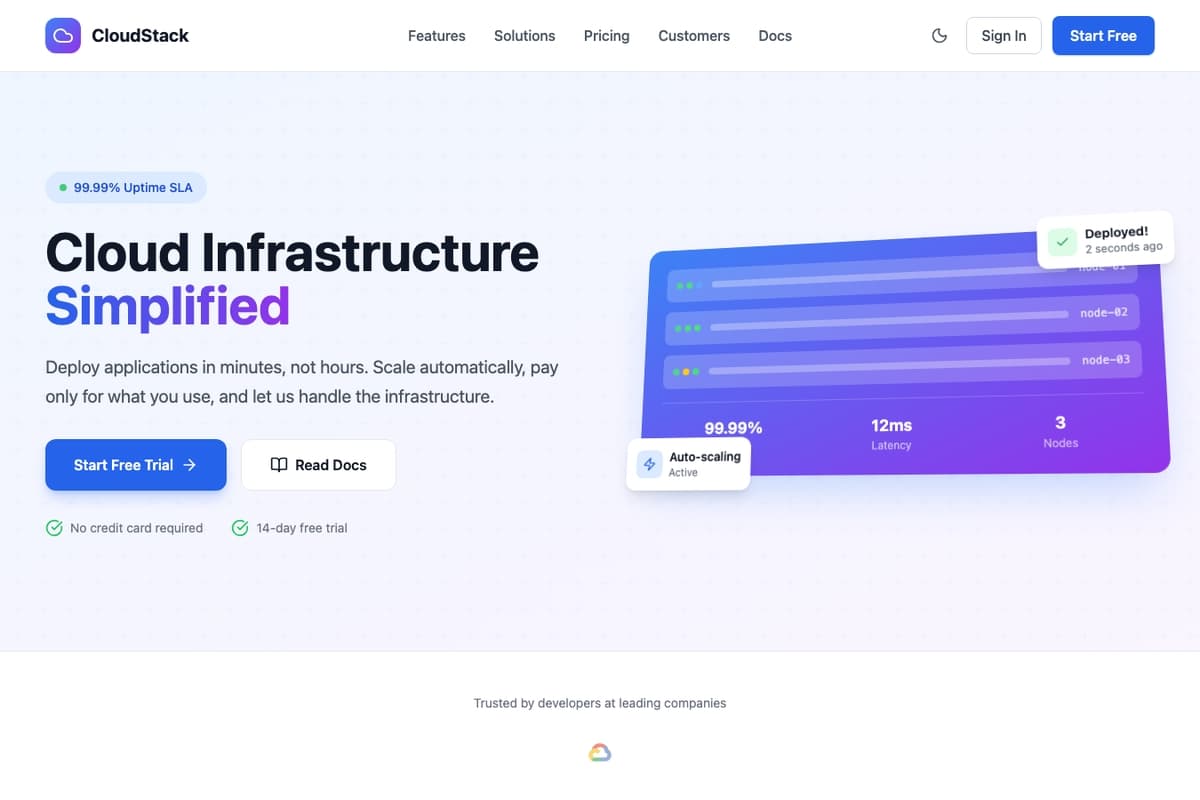 Cloudstack Visual Platform website template showing landing-page, pricing-table, case-study-section
