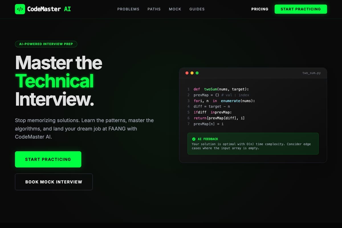 Codemaster Ai website template showing landing-page, pricing-table, dark-theme