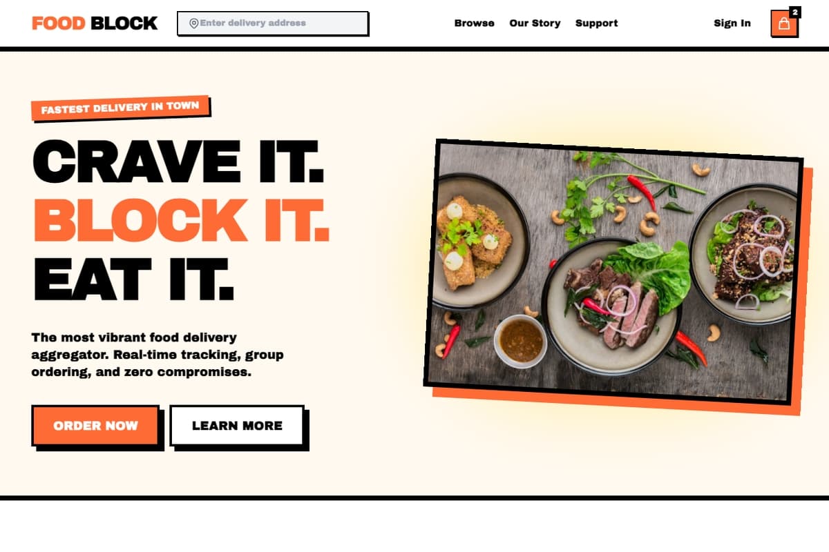 Crave Block website template showing landing-page, food-delivery, catalog