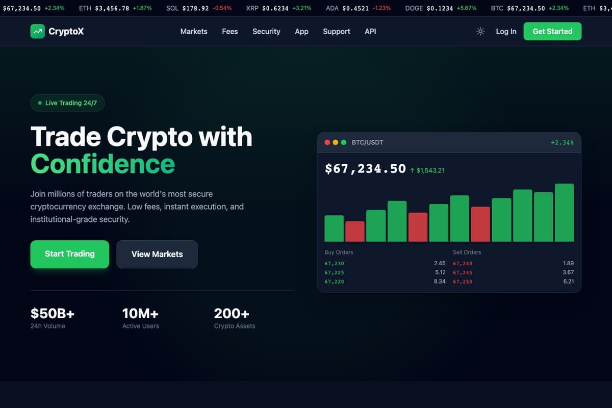 Cryptox website template showing landing-page, pricing-table, testimonials
