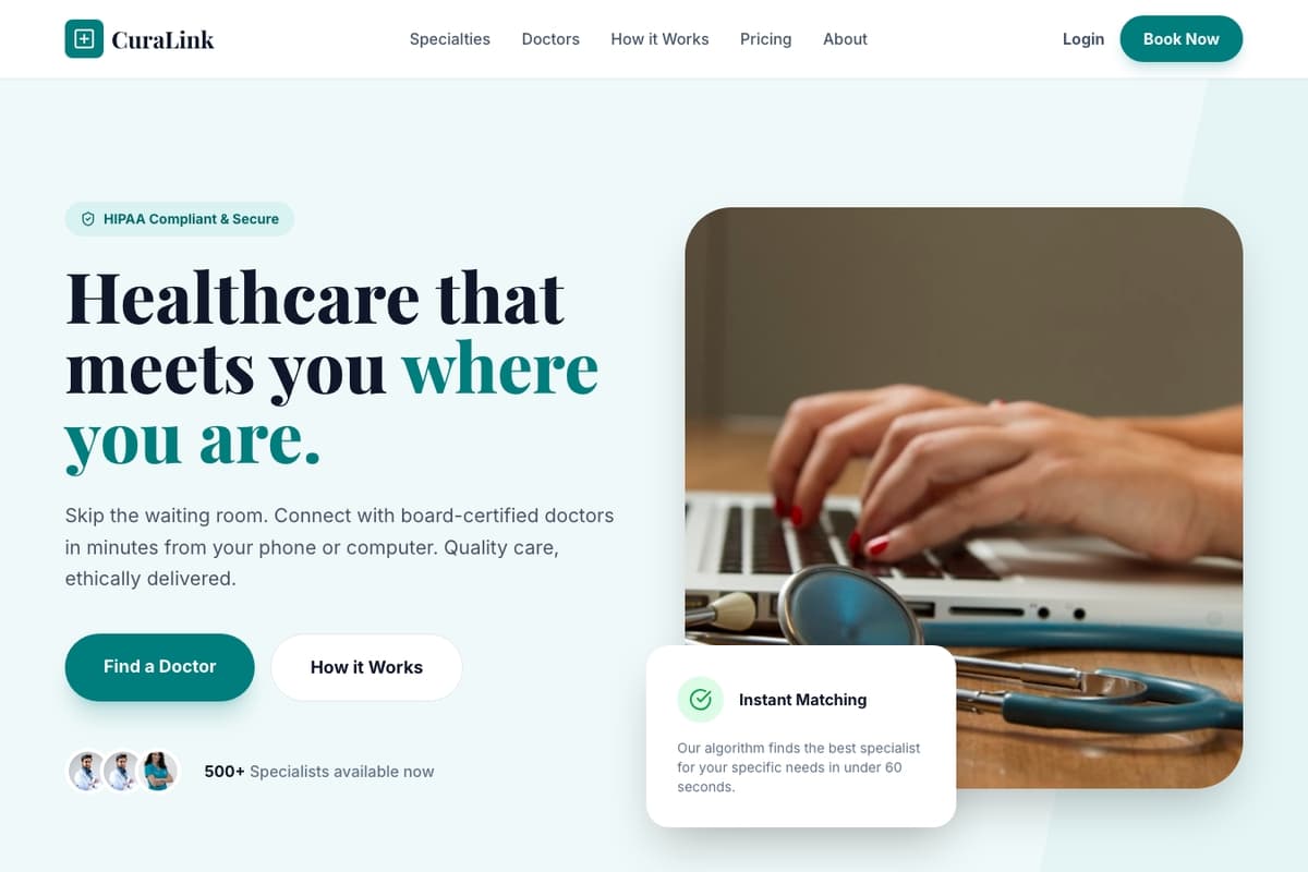 Curalink website template showing landing-page, contact-form, testimonials