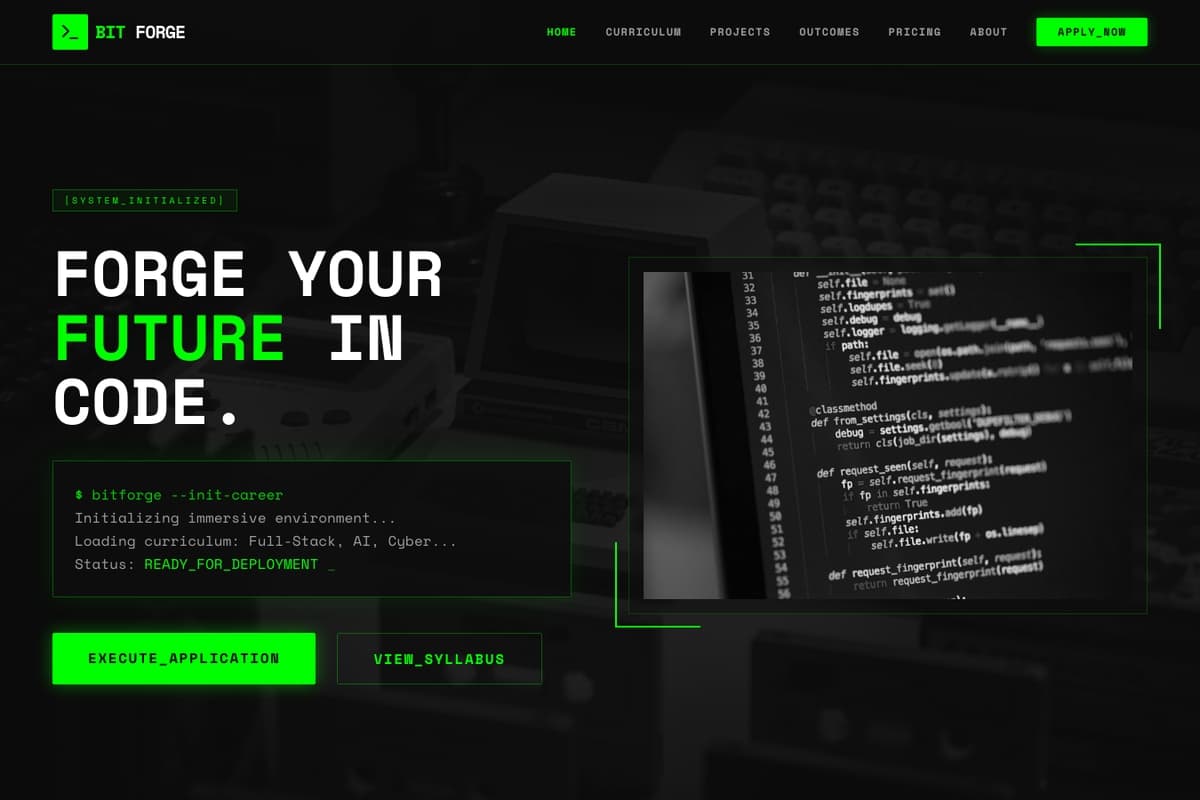 Cyber Forge website template showing landing-page, dark-theme, animated