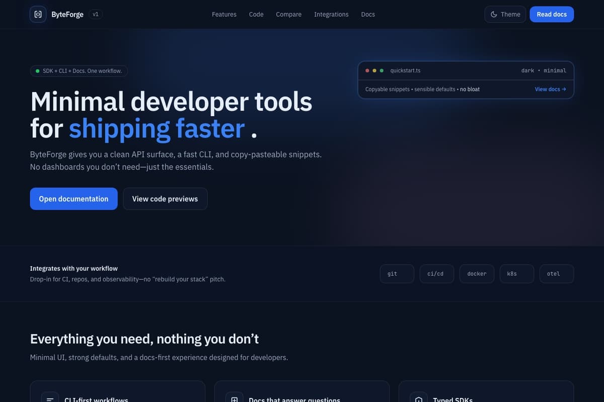 Developer Tools website template showing landing-page, pricing-table, documentation-section