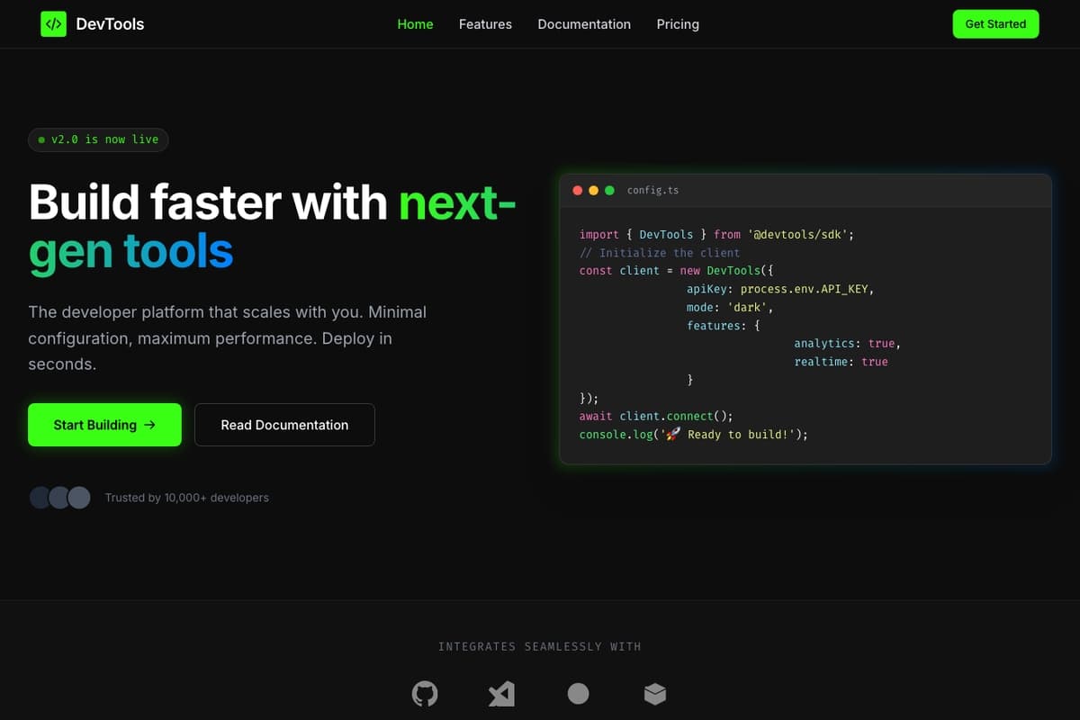Developer Tools 2 website template showing landing-page, dark-theme, pricing-table
