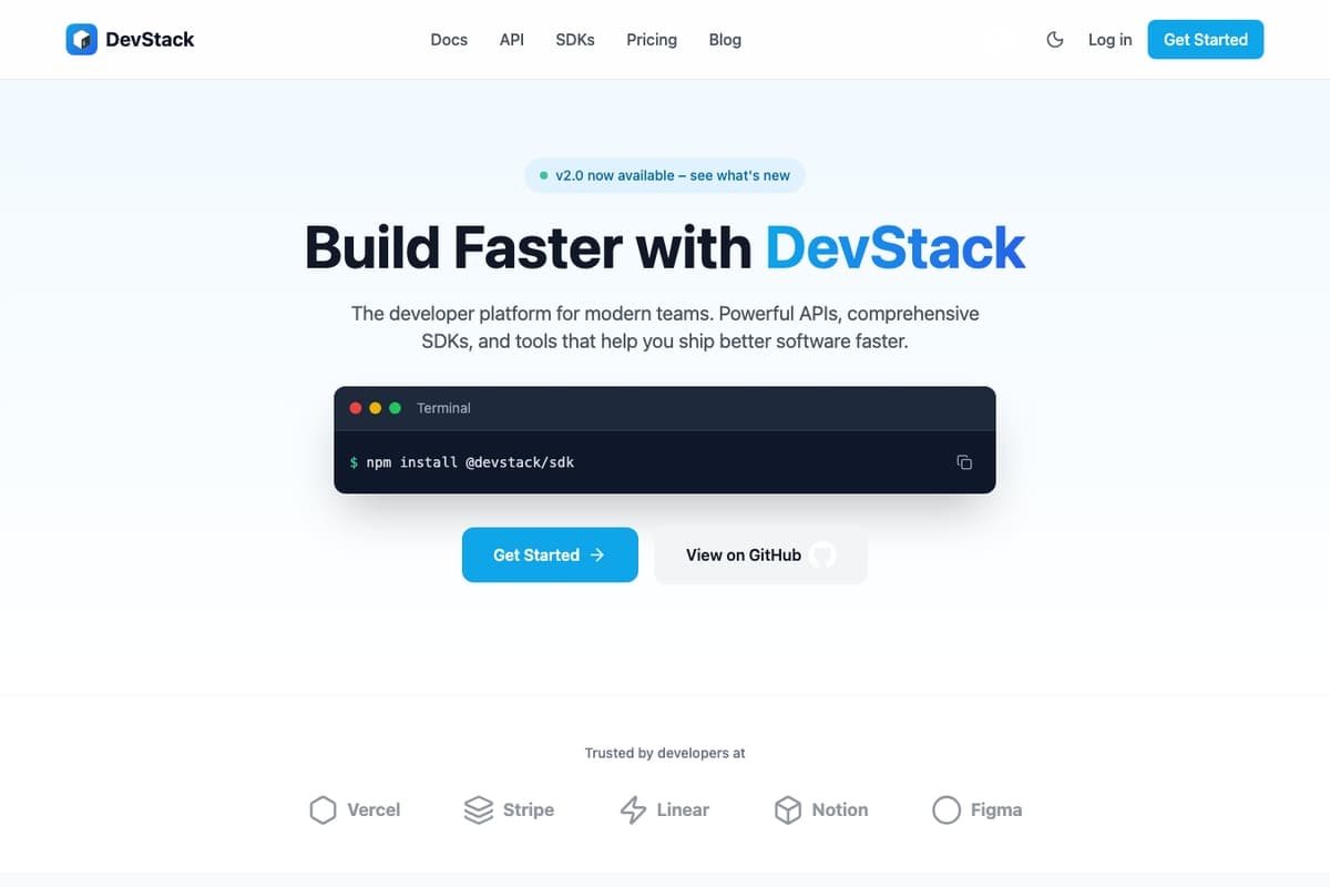 Devstack Platform website template showing landing-page, api-documentation, sdk-showcase
