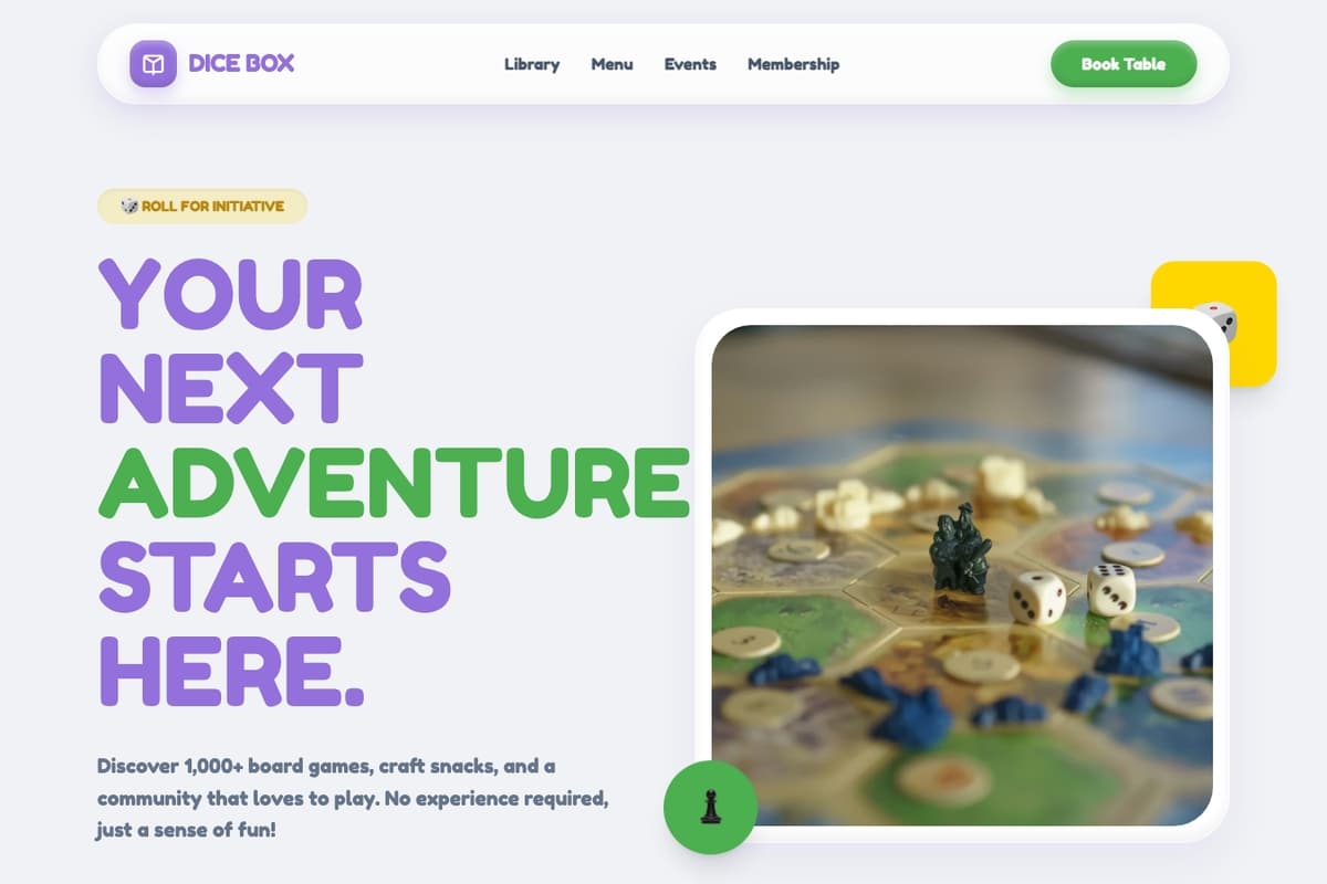 Dice Box website template showing landing-page, booking-system, catalog