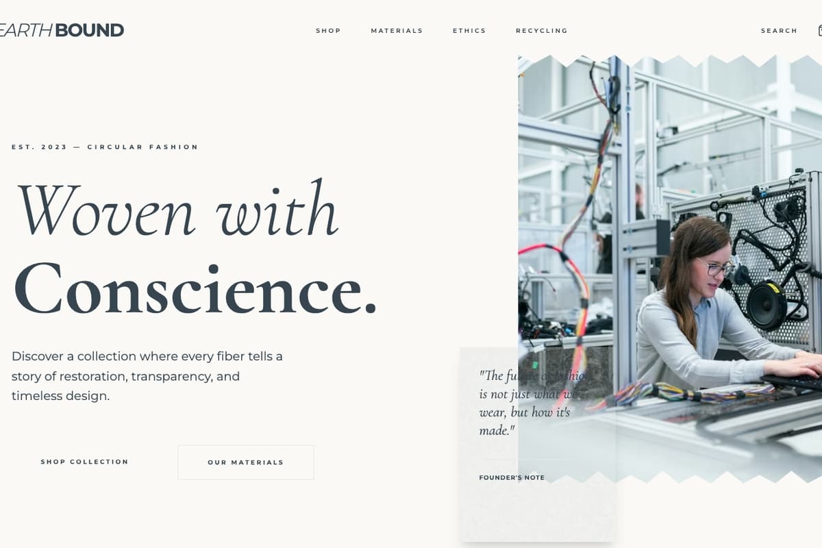 Earthbound Fashion website template showing ecommerce-cart, catalog, image-gallery