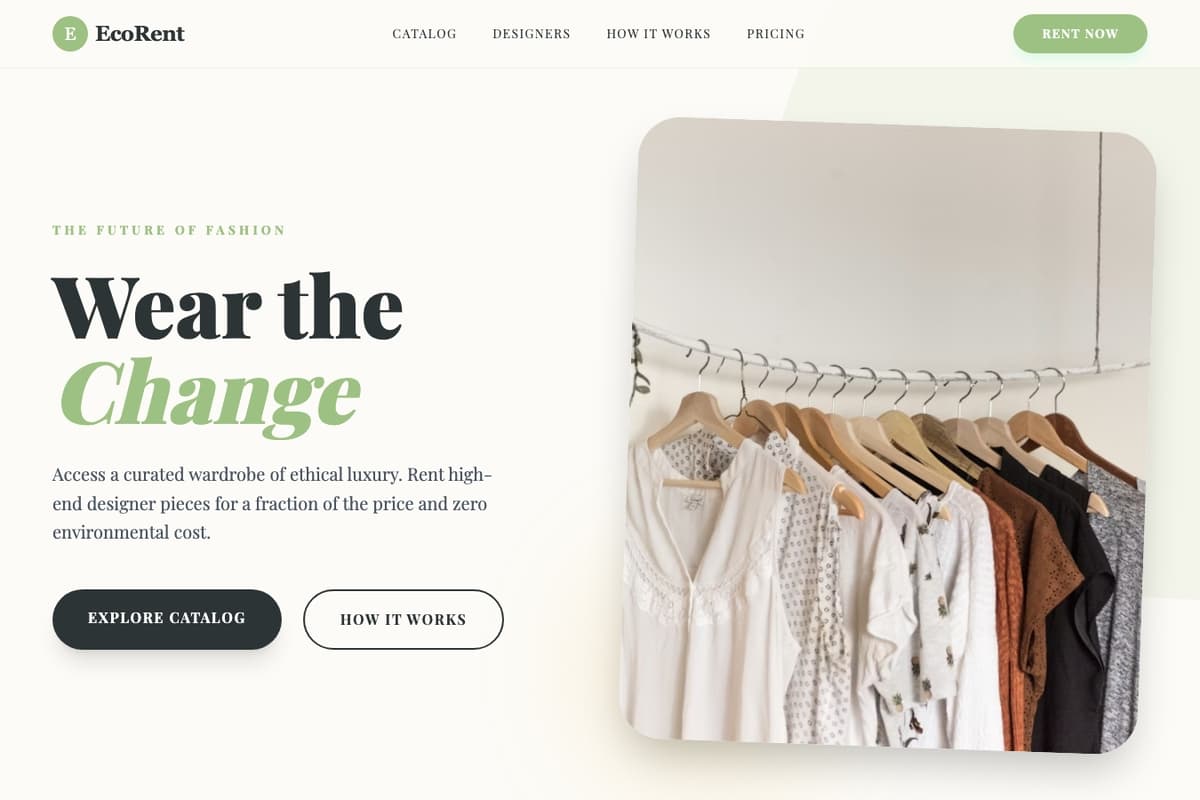 Ecorent Fashion website template showing ecommerce-cart, catalog, landing-page