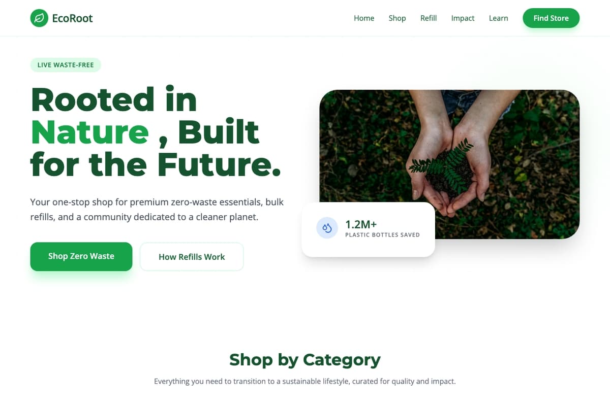 Ecoroot Biophilic website template showing ecommerce-cart, catalog, testimonials