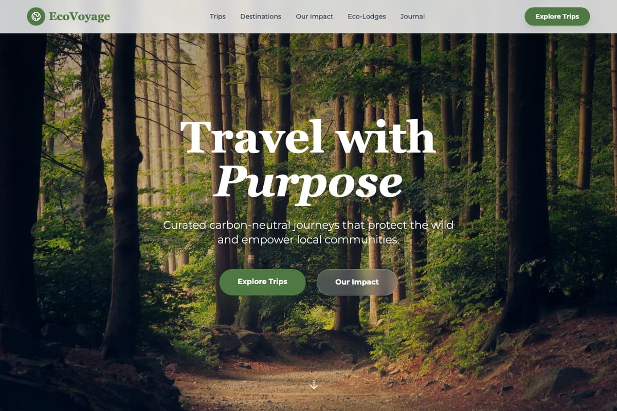 Ecovoyage website template showing landing-page, contact-form, testimonials