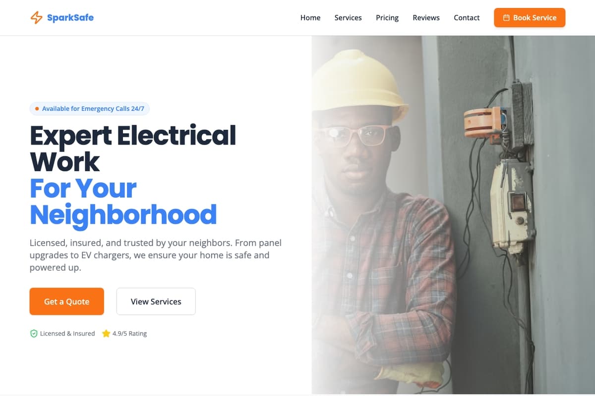 Electrical Contractor website template showing one-page, contact-form, testimonials