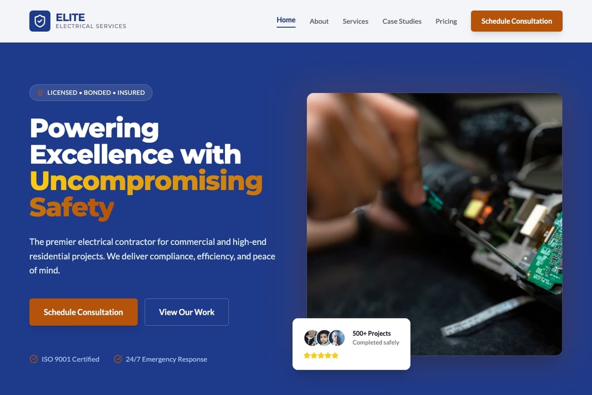 Electrical Contractor 2 website template showing testimonials, contact-form, services-showcase