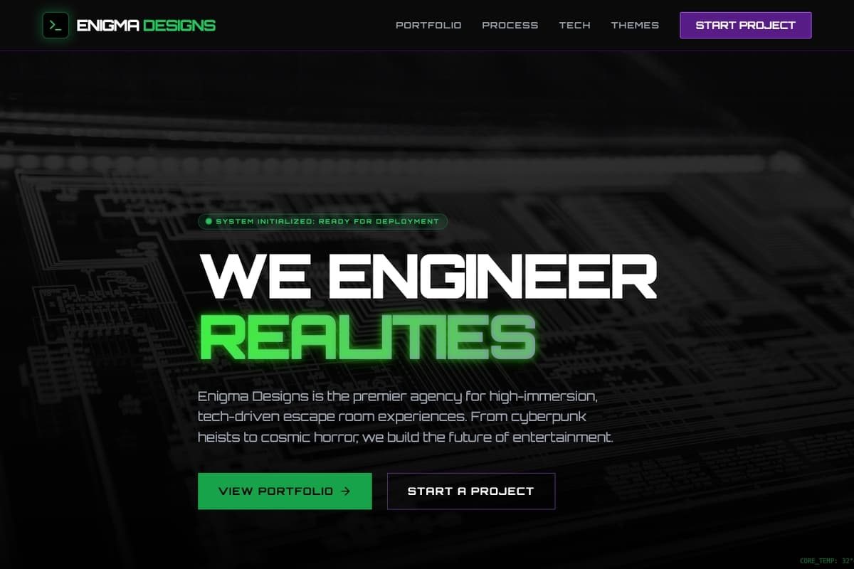 Enigma Designs website template showing portfolio-layout, showcase, dark-theme