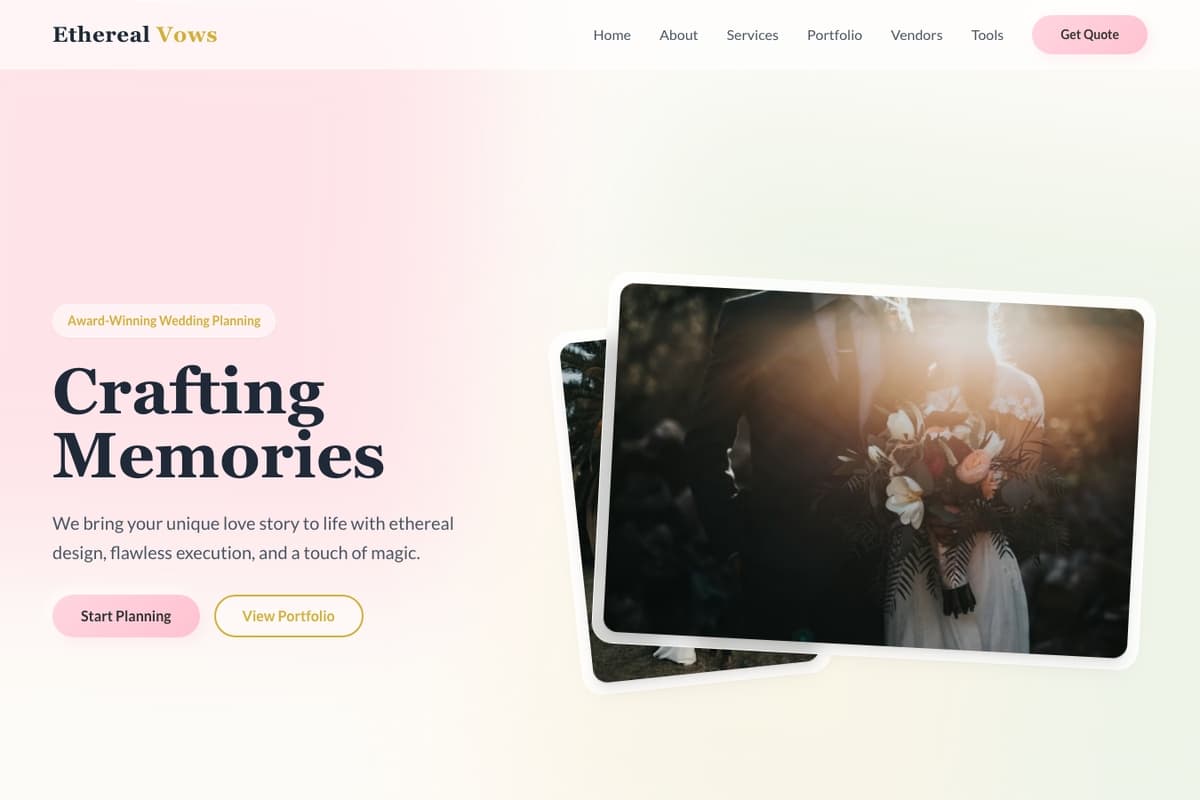 Ethereal Vows website template showing landing-page, contact-form, testimonials