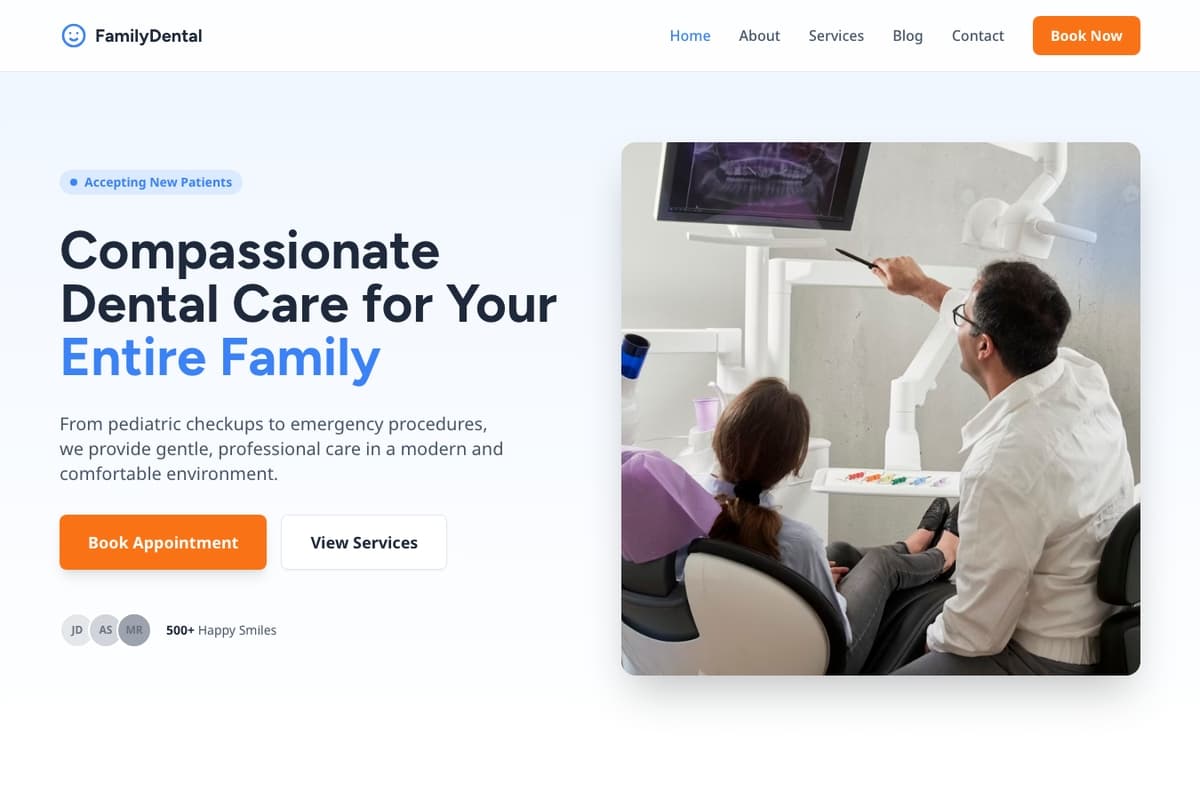 Family Dental Clinic website template showing contact-form, booking-system, team-section