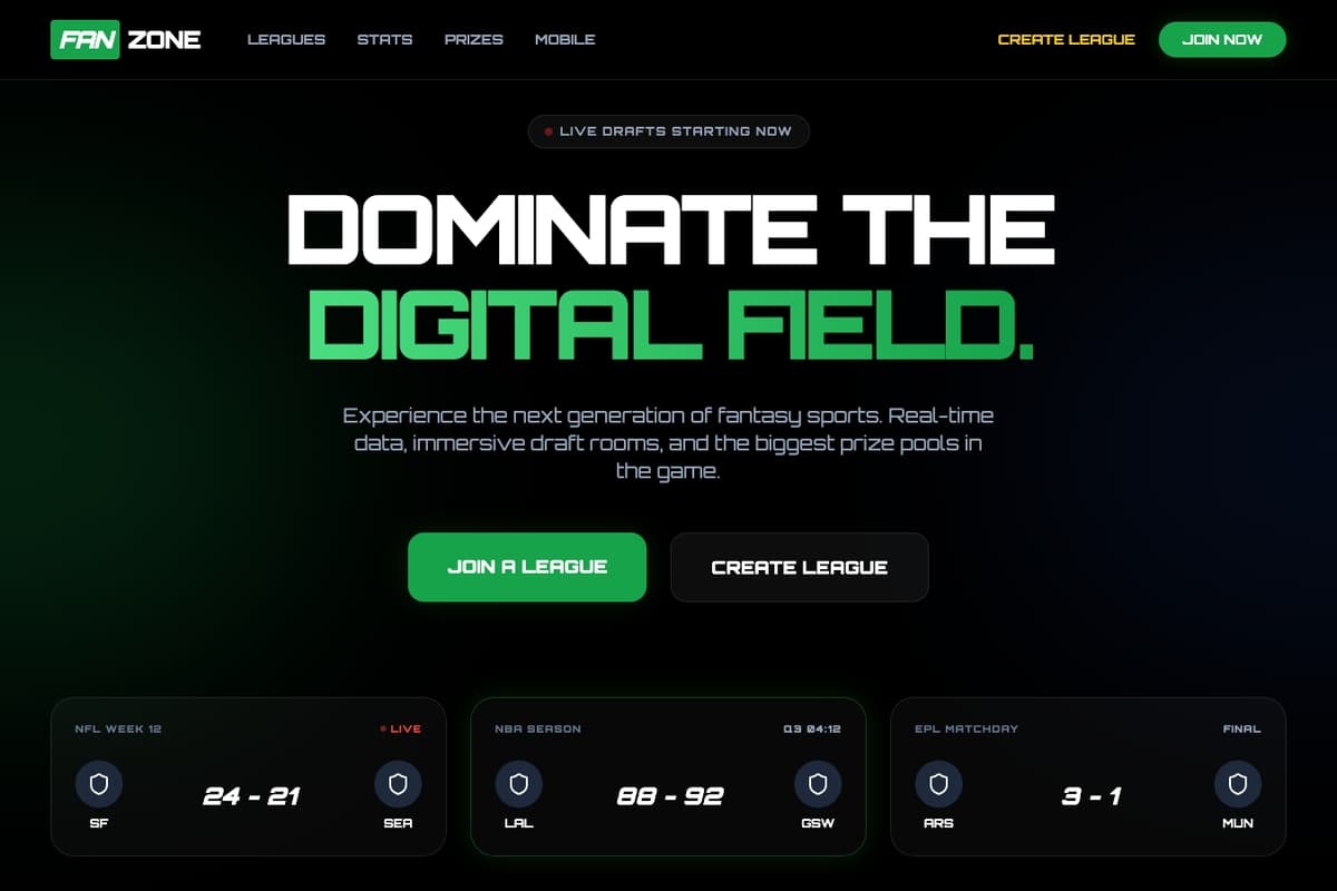 Fanzone website template showing dark-theme, animated, landing-page