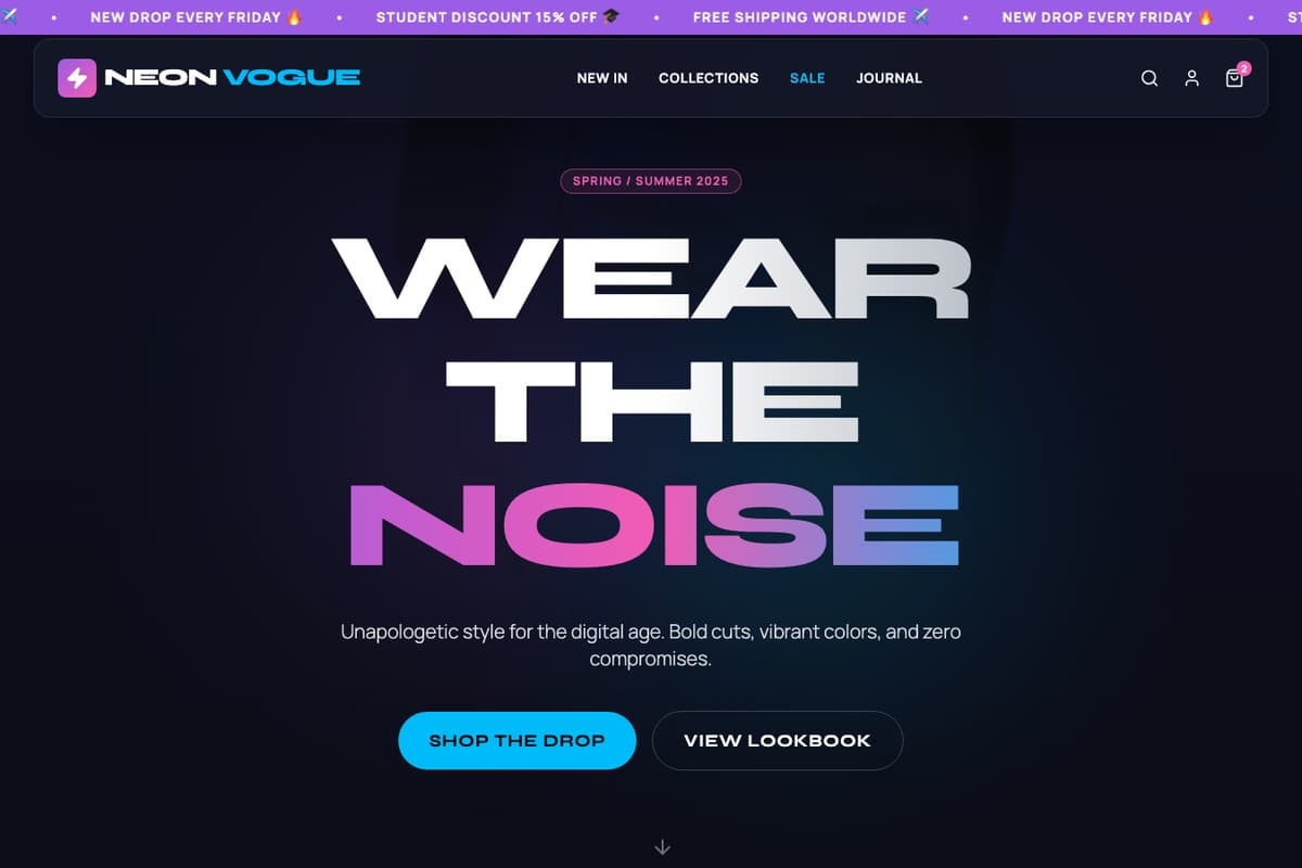 Fashion website template showing ecommerce-cart, landing-page, dark-theme