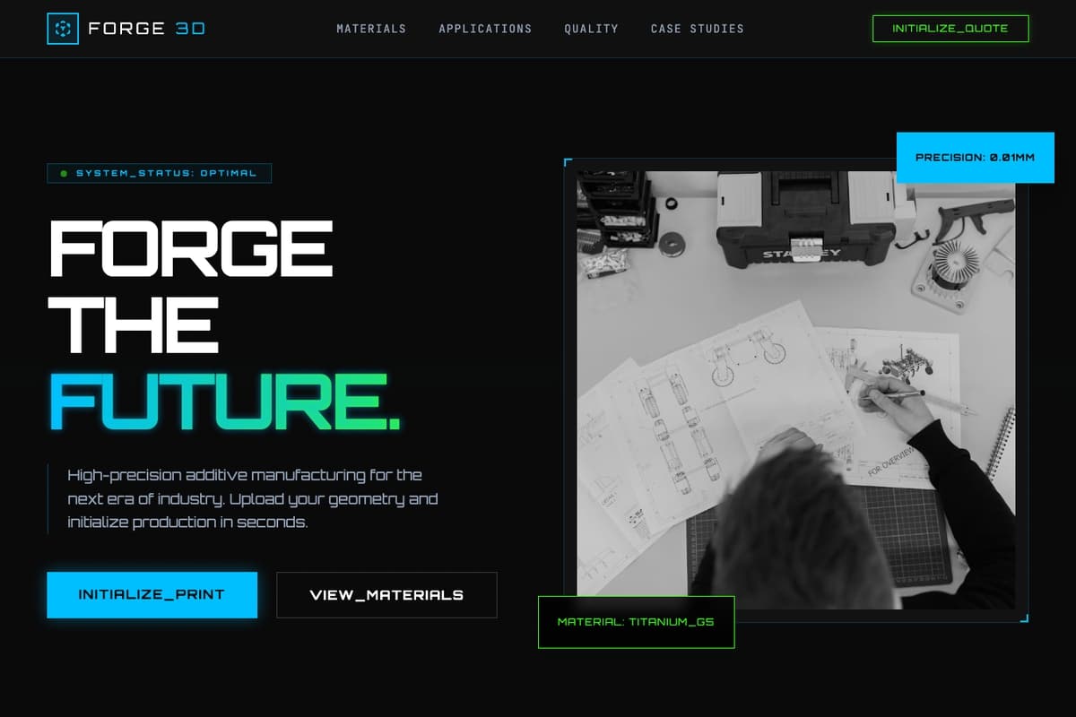 Forge 3D website template showing landing-page, contact-form, dark-theme