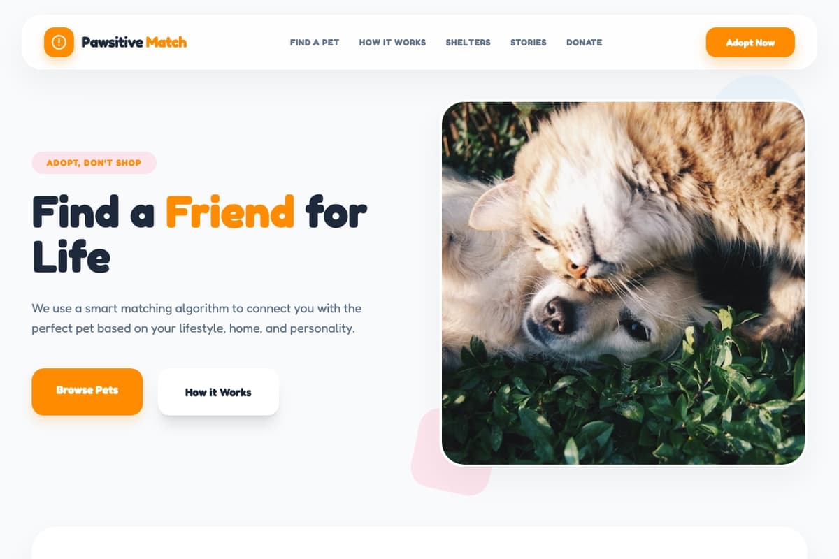 Furry Friend Finder website template showing landing-page, directory, testimonials