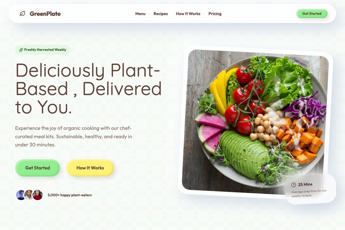 Green Plate Meal Kit website template showing landing-page, pricing-table, testimonials