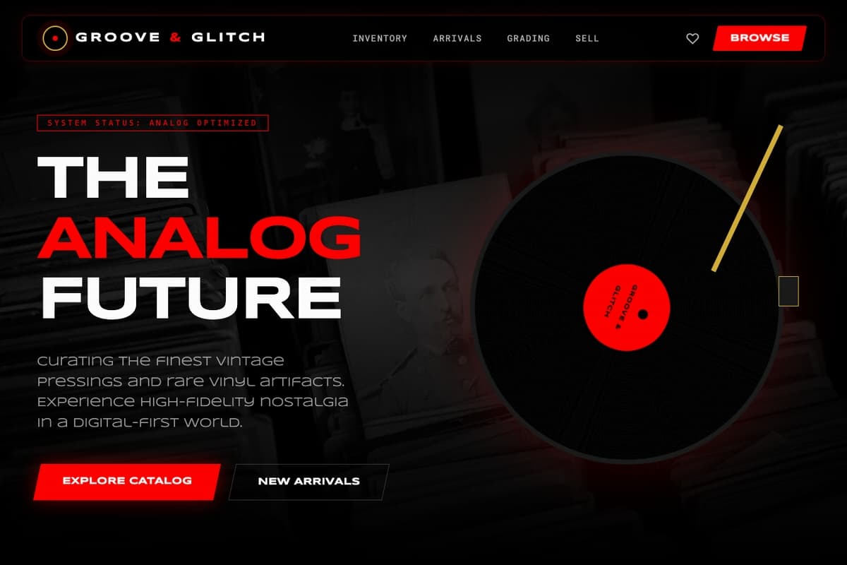 Groove Glitch website template showing ecommerce-cart, catalog, newsletter-signup