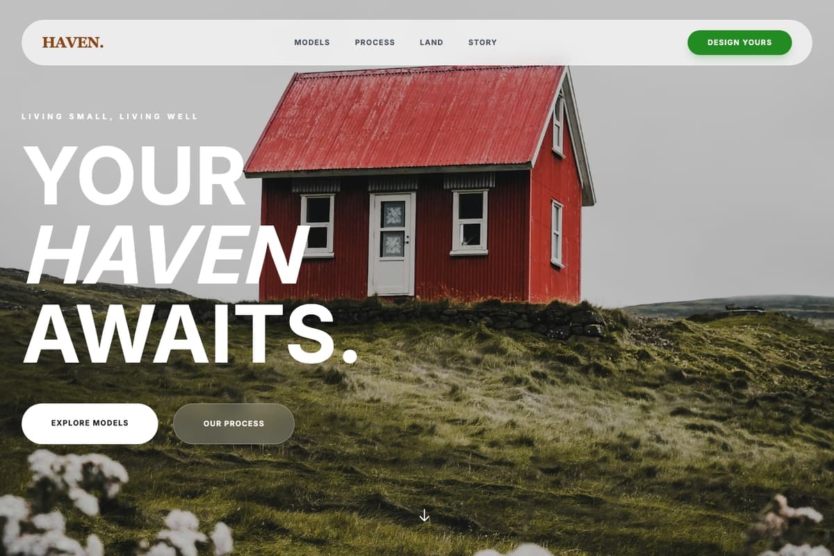 Haven Tiny Home Builder website template showing landing-page, contact-form, testimonials