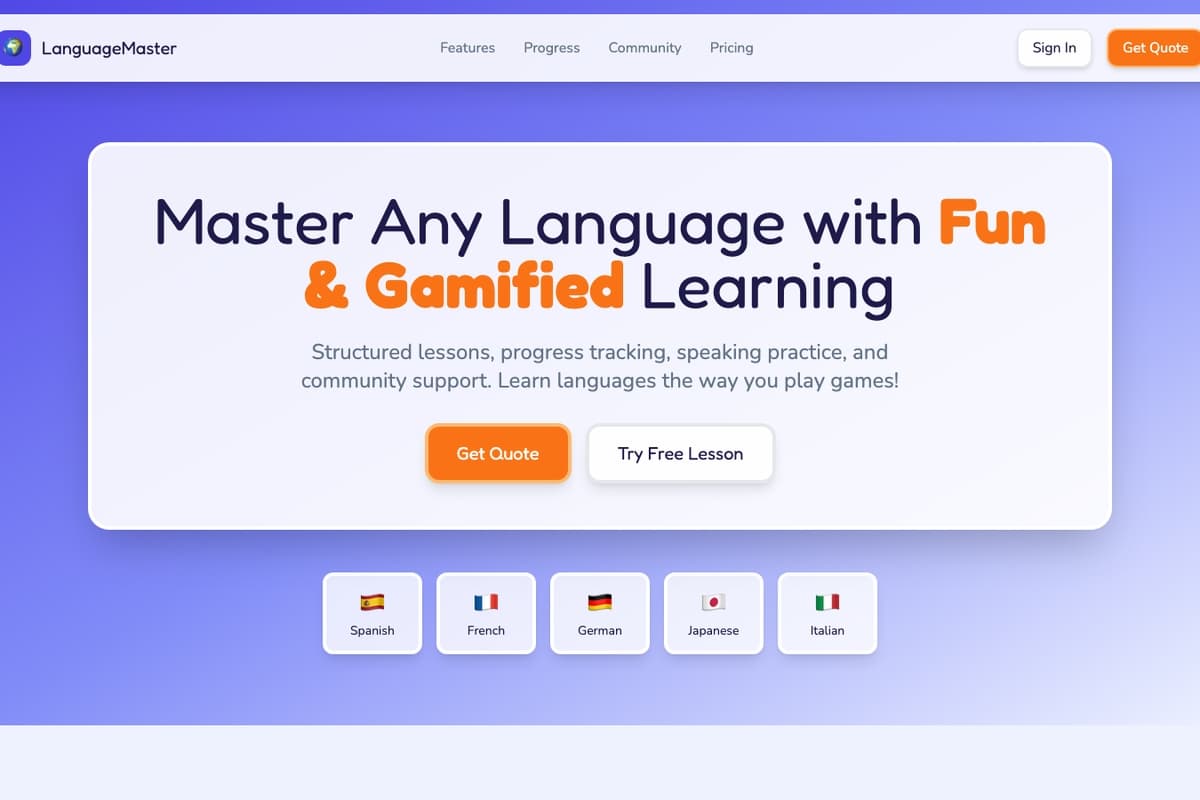 Language Master website template showing landing-page, gamified-learning, progress-tracking