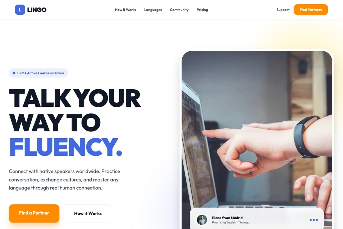 Lingo Connect website template showing landing-page, testimonials, animated