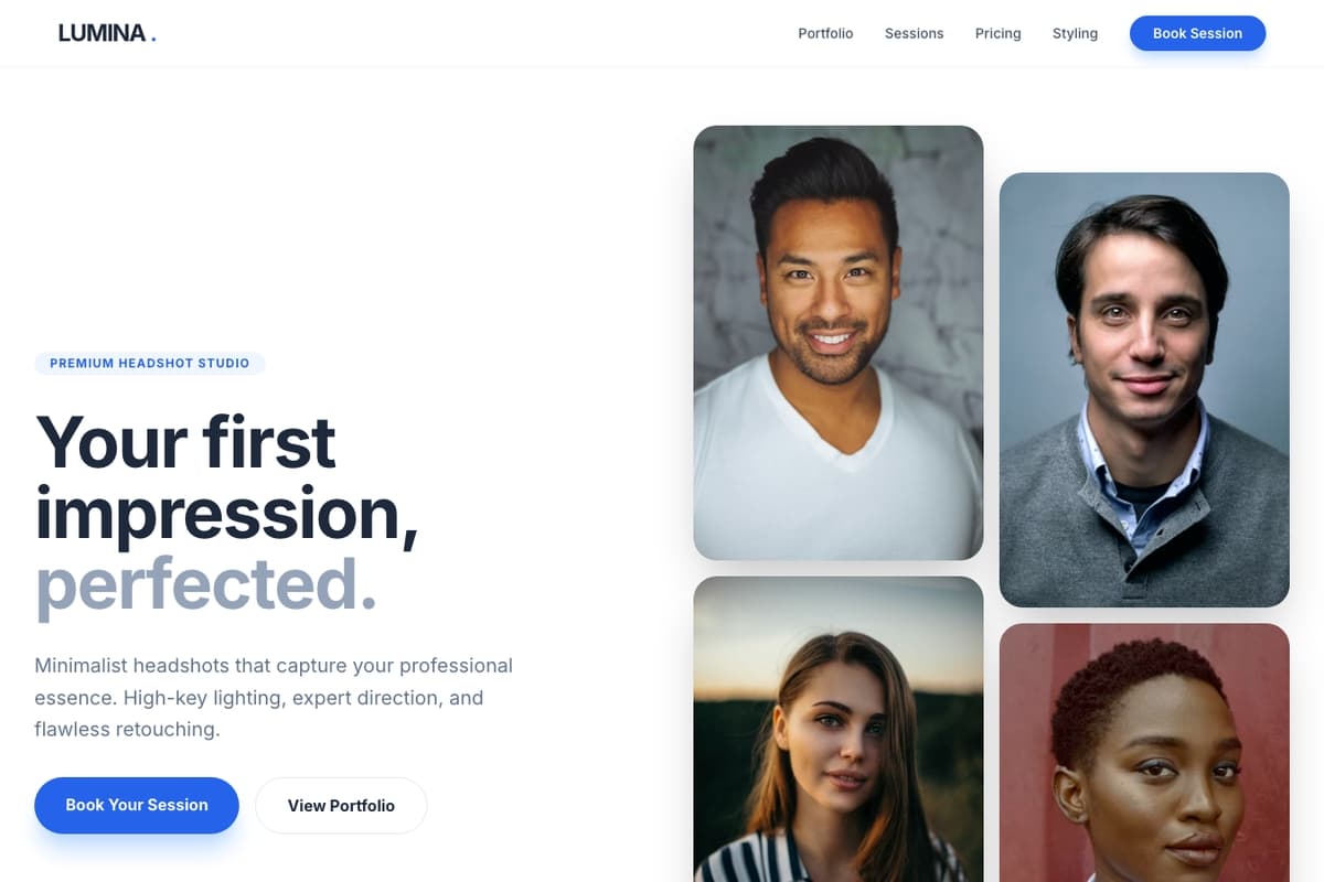 Lumina Studio website template showing portfolio-layout, pricing-table, testimonials