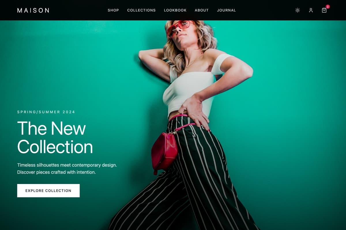 Maison Curated website template showing fashion-showcase, product-catalog, hero-image