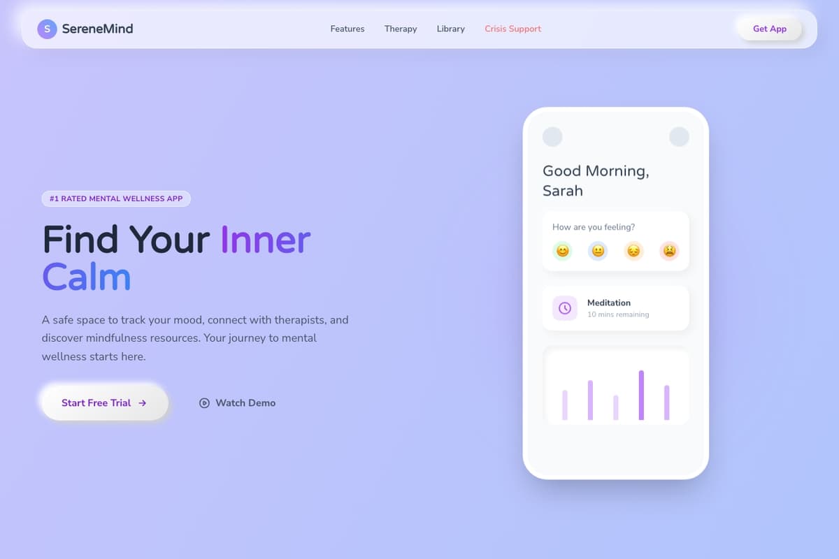 Mental Health App website template showing landing-page, booking-system, testimonials