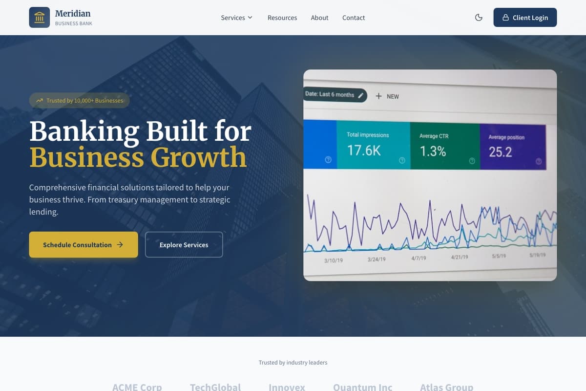 Meridian Business Bank website template showing landing-page, service-showcase, testimonials